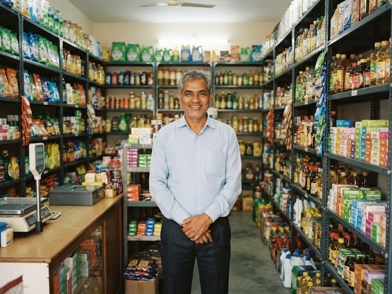 A local Indian shop owner standing proudly inside a brightly lit RCM retail store, shelves stocked with clean packages of daily household essentials, warm natural light, 35mm