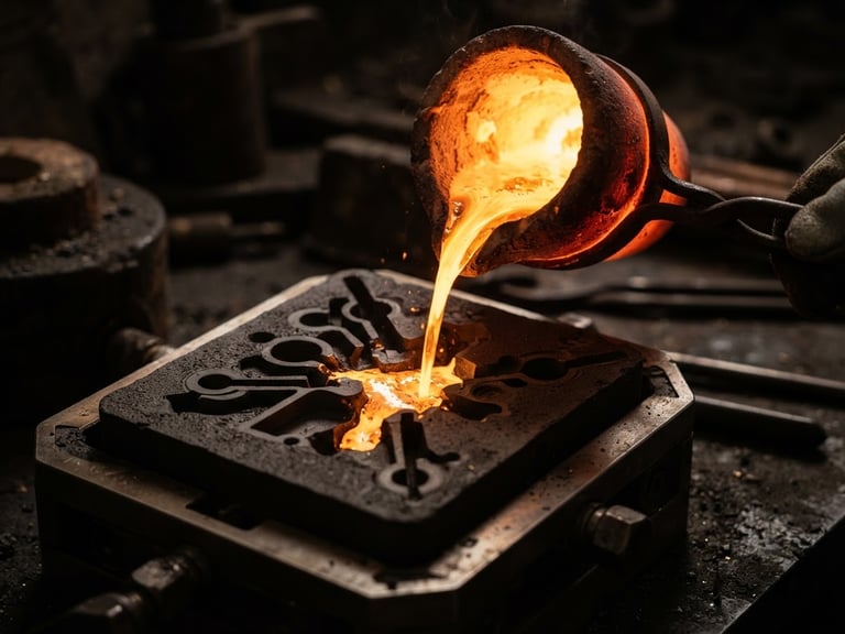 Macro close-up of molten 22-karat gold being poured into a high-precision German casting mold, dramatic studio lighting, deep shadows, warm gold reflections