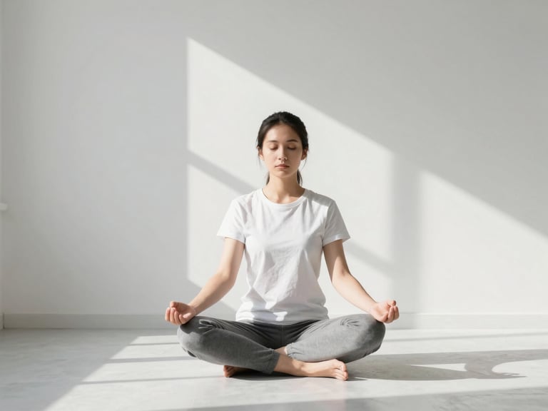 A person meditating in a sunlit room, quiet focus, clean modern composition, crisp editorial photography, bright morning daylight, high-contrast natural tones, clean modern composition, 35mm lens