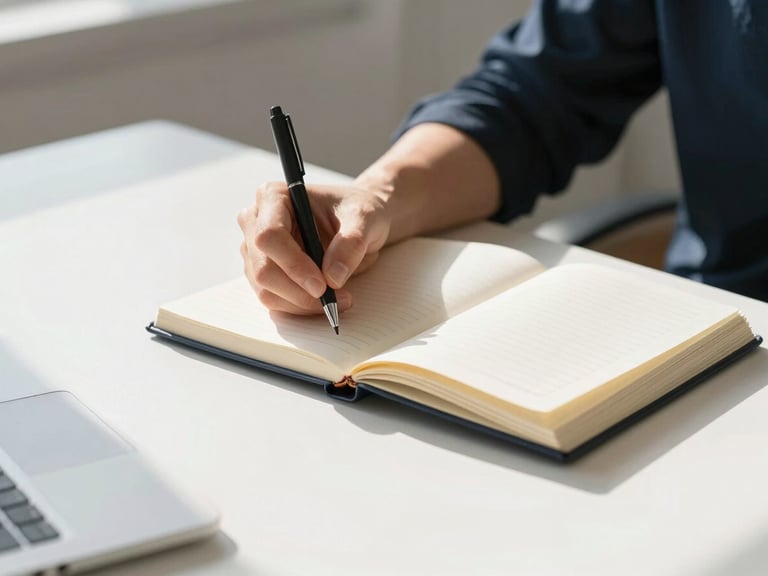 A person writing in a journal at a clean desk, sunlit room, focused on the task, crisp editorial photography, bright morning daylight, high-contrast natural tones, clean modern composition, 35mm lens
