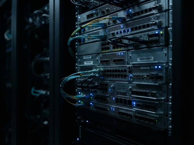 Moody dark-themed macro shot of high-end server hardware rack, subtle blue rim lighting, high contrast, 35mm