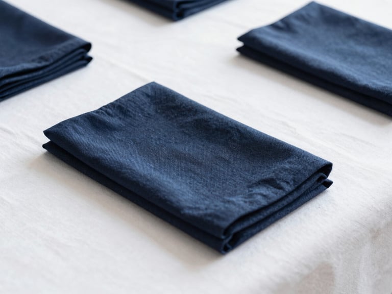 Styled table setting with crisp navy table linen and folded napkins, showing fine weave, bright natural daylight.