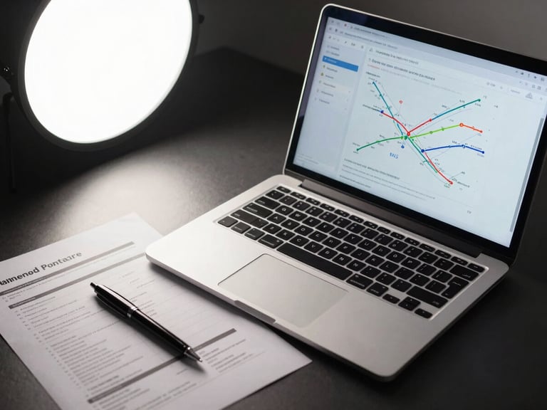 Overhead close-up of a strategy workspace, an open laptop displaying a clean analytics dashboard with aviation route data, a printed campaign brief beside it, a fine-tipped pen resting on the document, soft studio strobe lighting from the upper left, dark desk surface, no people visible, precise and professional framing