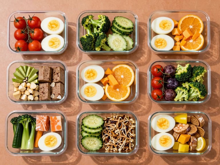 Overhead flat-lay of clean glass meal prep containers arranged in a perfect grid on a terracotta surface, filled with colorful healthy food, bright natural daylight, crisp shadows.