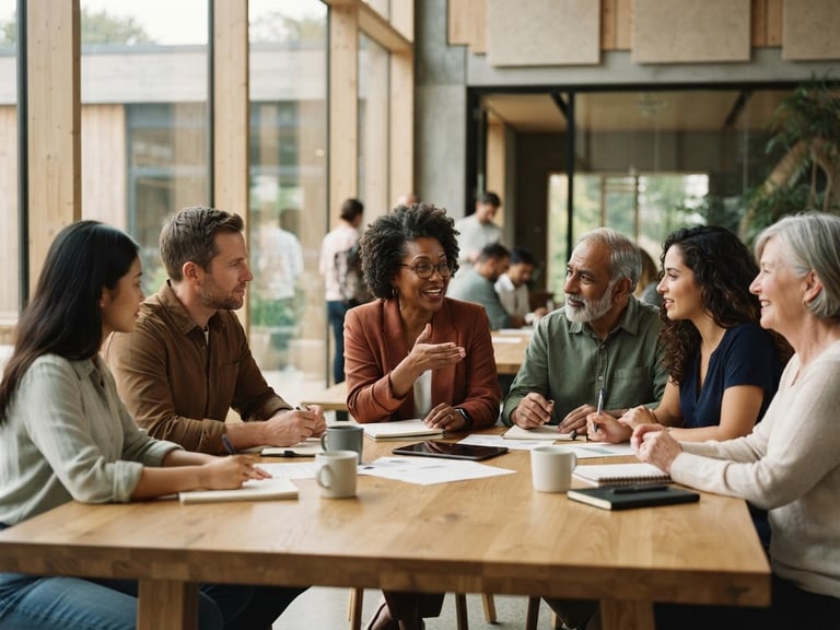 Wide shot of diverse community leaders collaborating around a large table in a modern, naturally lit civic building, focus on genuine interaction, muted earth tones, 35mm lens, shallow depth of field.