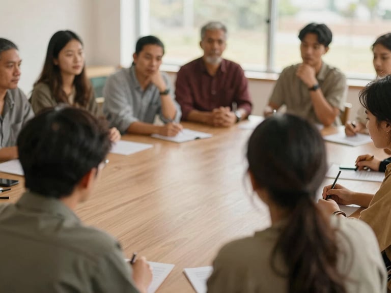 Diverse group of local leaders engaged in a collaborative workshop, natural diffused daylight, warm editorial photography, 35mm lens, shallow depth of field