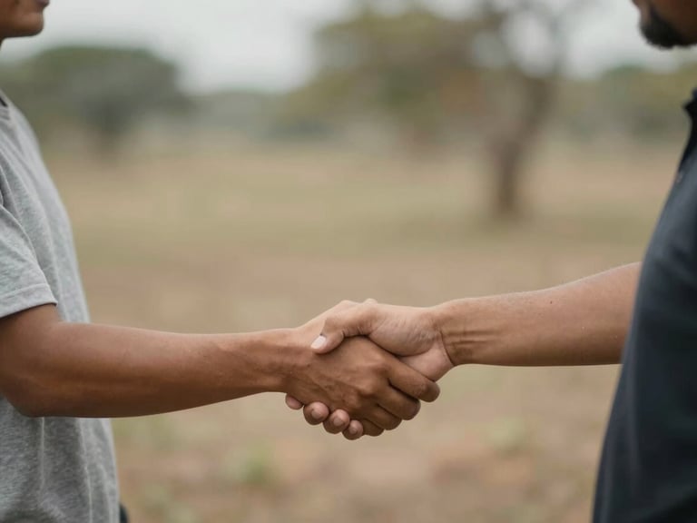 Two community organizers shaking hands in a natural environment, natural diffused daylight, warm editorial photography, 35mm lens, shallow depth of field