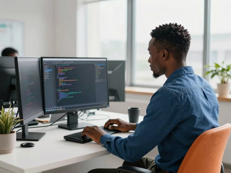Over-the-shoulder view of a software developer working on code in a bright, modern office in Côte d'Ivoire, clean workspace, warm natural light, 35mm lens