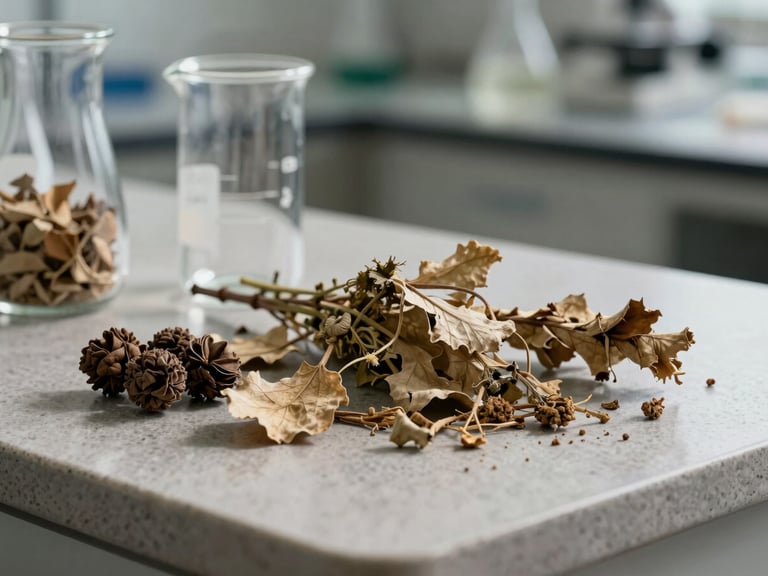 A crisp macro shot of dry raw botanicals next to clean modern laboratory glassware on a stone counter, soft side lighting, high contrast.