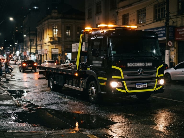 Low-angle dramatic night shot of a modern black and yellow flatbed tow truck with hazard lights flashing, parked on a wet urban street in Belo Horizonte, cinematic lighting, 35mm lens