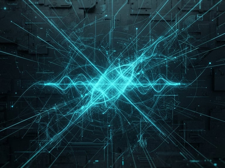 Abstract quantum field visualization with sharp cyan data lines, deep slate background, cold terminal glow, no human elements.