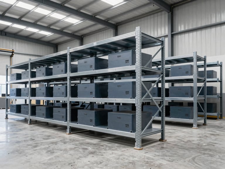Wide panoramic shot of a modern industrial warehouse interior, bright neutral daylight, organized steel shelving with components, clean concrete floor