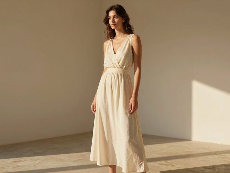 A model wearing a flowing cream dress in a minimalist high-ceilinged room, warm natural light, medium shot, 35mm