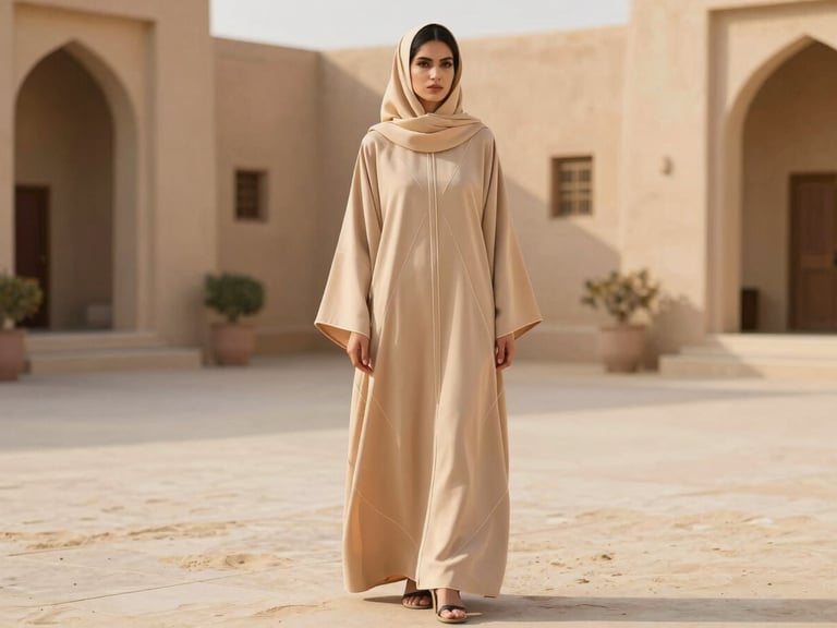 A model wearing a modern sand-colored abaya with clean geometric lines, standing in a sun-drenched courtyard, full-length shot, 35mm