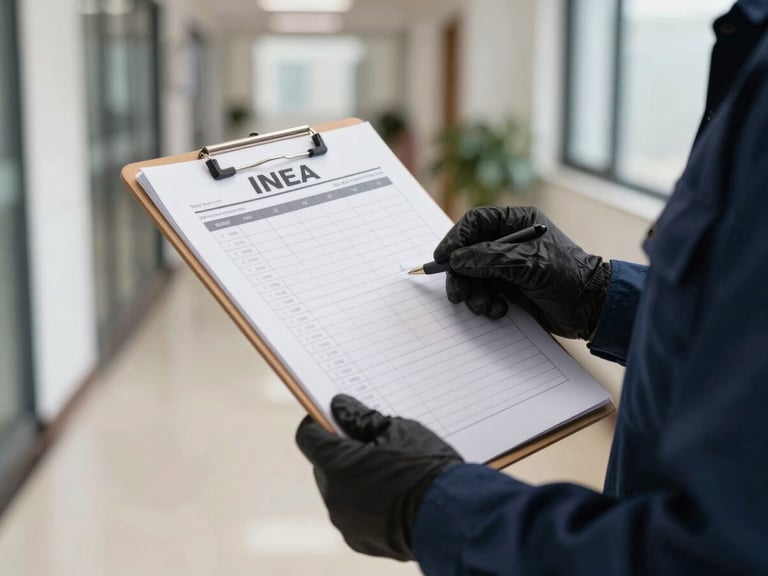 Close-up of gloved hands in INEA navy uniform holding a quality-control clipboard with a printed checklist, office corridor in the background slightly out of focus, neutral daylight, crisp documentary framing, no faces visible