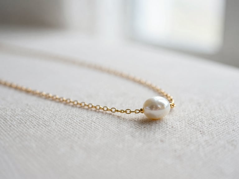Macro close-up of a delicate gold chain necklace resting on a textured linen surface, soft diffused morning window light, shallow depth of field.