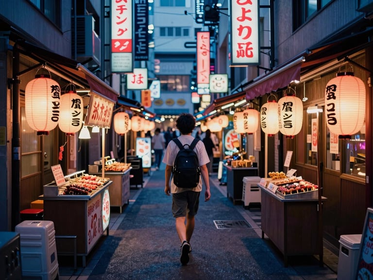 Vibrant neon-lit Tokyo alleyway at night, a single traveler walking past glowing lanterns and tiny yakitori stalls, high-contrast deep indigo shadows, 35mm