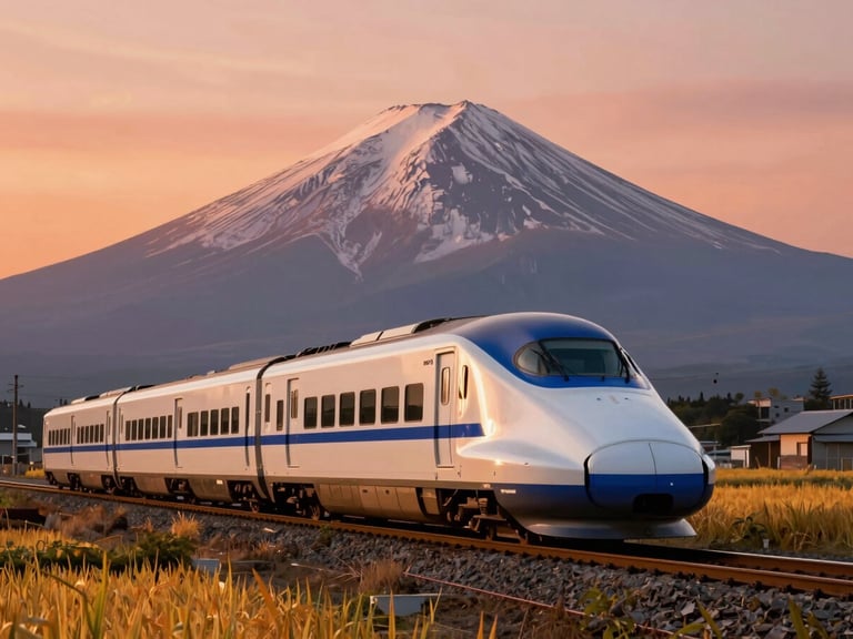 Vibrant Japanese bullet train cutting through rural golden-hour landscapes with Mt. Fuji in the background, warm coral sky, 35mm