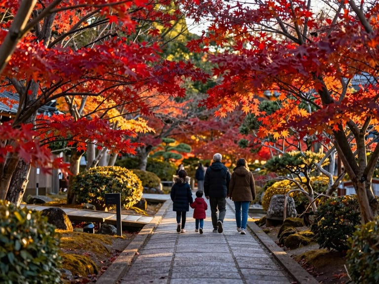 Vibrant Japanese garden in Kyoto during autumn, family walking along a stone path framed by deep red maple leaves, soft golden hour light, 35mm