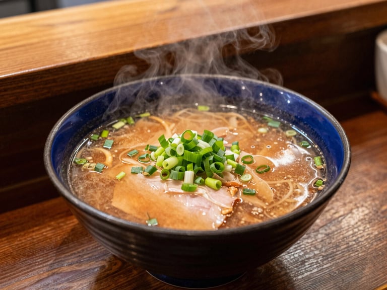 Close-up of a steaming bowl of regional Tonkotsu ramen with rich broth and fresh green onions, sitting on a dark wooden counter of a local shop, warm side light, 35mm