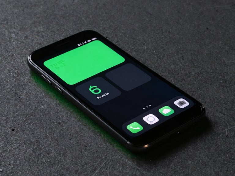 Sleek high-fidelity Android device mockup showing a highly customized dark-mode home screen with neon green accents, vibrant screen glow casting onto a dark concrete surface, sharp macro lens detail