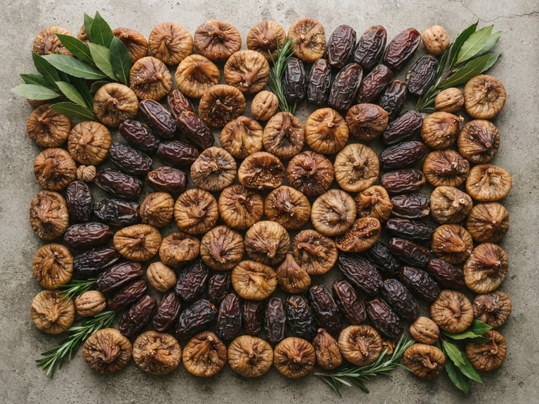 Crisp commercial photography of premium dried figs and dates arranged neatly on a clean concrete surface, bright natural daylight, rich earthy tones, sharp focus, 35mm lens