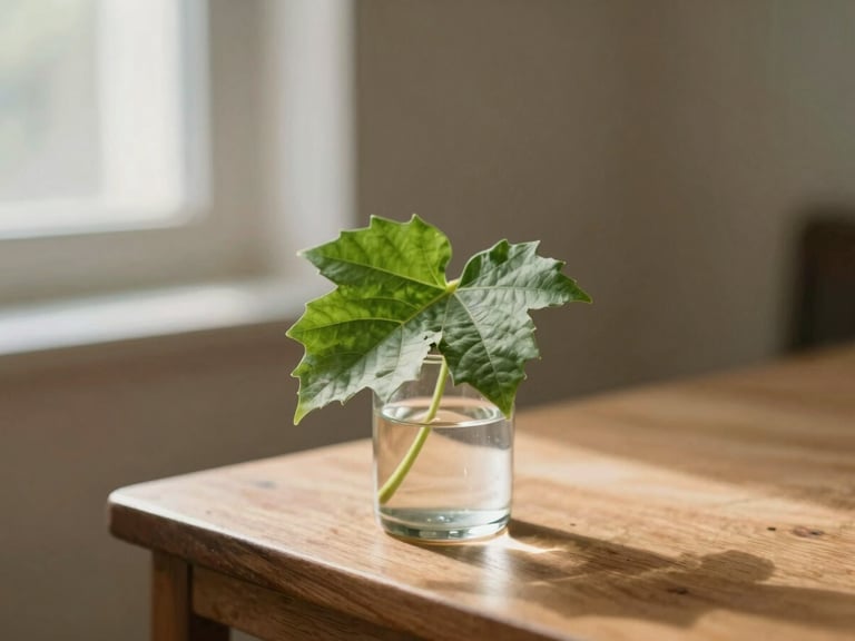 A close-up of a delicate green leaf cutting in a small glass vase on a wooden shelf, soft sunlight casting gentle shadows