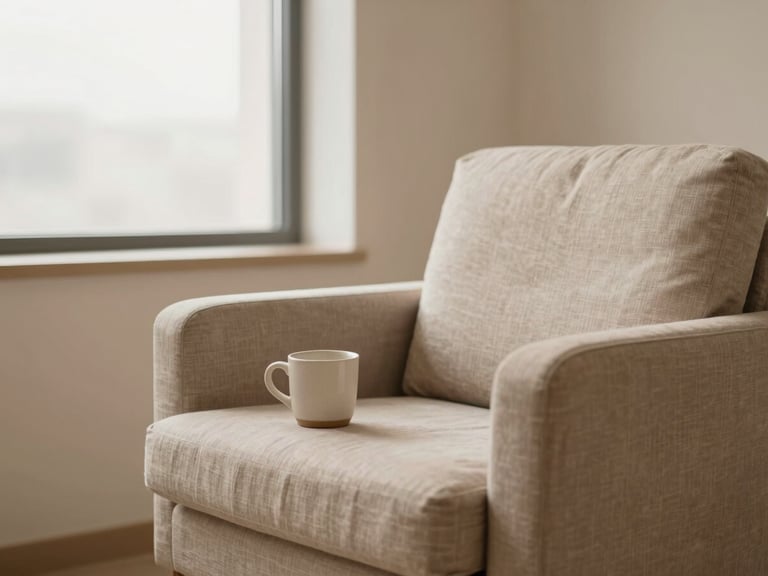 A warm-toned modern clinic recovery room with a soft linen armchair and a small ceramic mug, peaceful window light, shallow depth of field