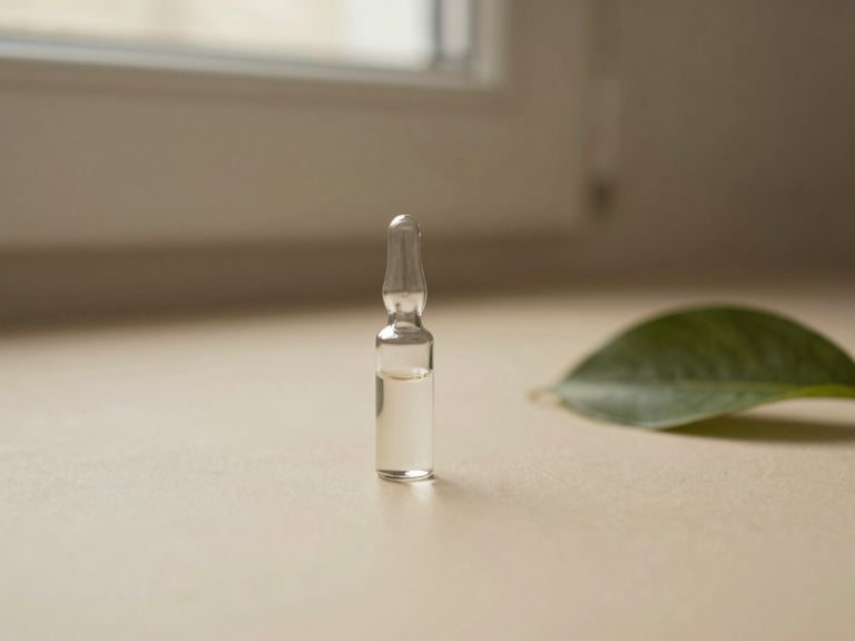 A small glass vial of medication sitting on a warm cream surface next to a soft green leaf, diffused morning light, 35mm