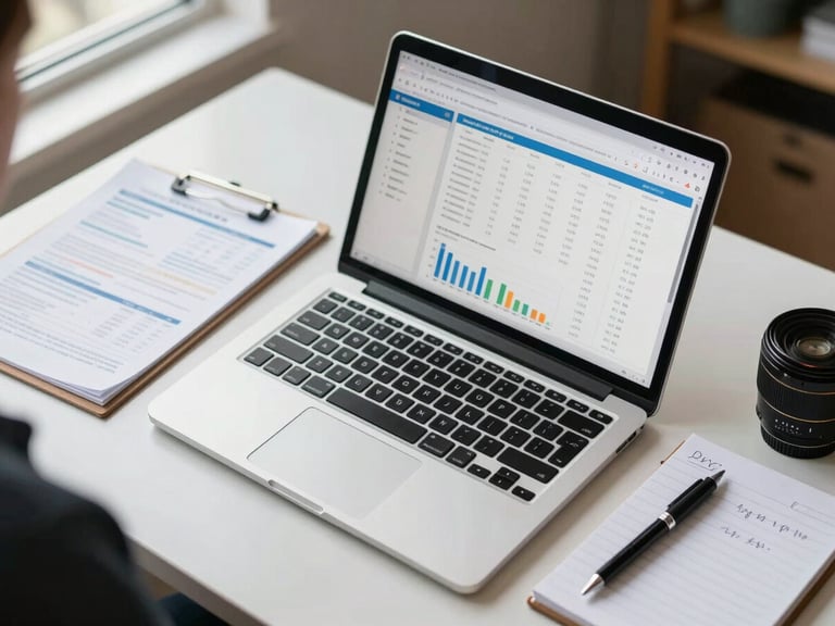 Overhead flat-lay of a small business owner's desk: open laptop with a clean analytics screen showing traffic and conversion metrics, a printed results sheet, a pen resting on a notepad with handwritten notes, soft window daylight from the upper left corner