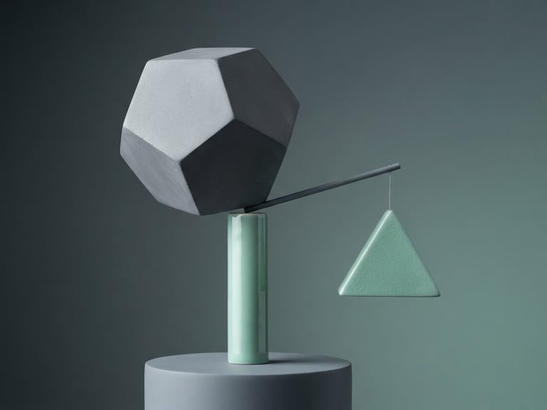 Abstract 3D geometric shapes representing balance and comparison, crisp studio light, deep slate and mint tones.