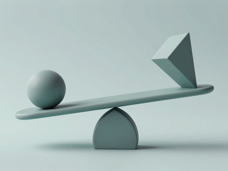 Abstract 3D geometric shape representing balance and growth, crisp studio light, desaturated slate and teal tones.