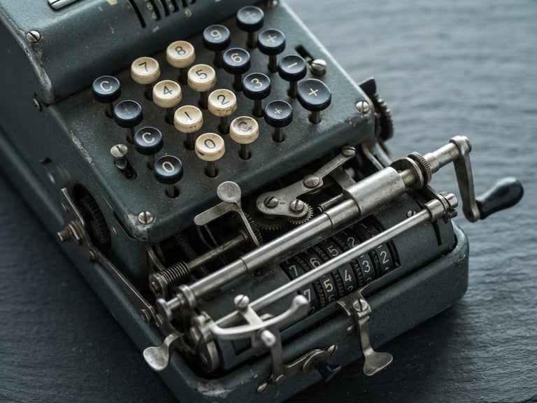 Macro shot of a vintage mechanical calculator on a slate surface, crisp studio light, desaturated tones, geometric precision.