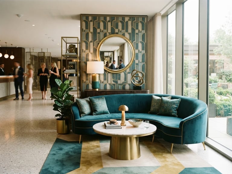 Medium shot of a warm, well-lit modern hotel lobby corner with rich teal accents and gold details, soft natural window light, 35mm