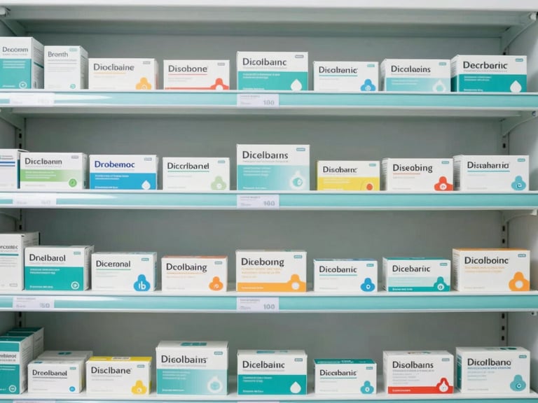 Straight-on medium shot of organized pharmacy shelves with clean medicine packaging, bright daylight, clinical teal accents, 35mm