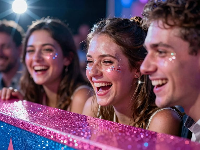 Close-up of adults laughing at a wedding glitter bar with sparkling cheekbones, dramatic flash with starburst lens flares