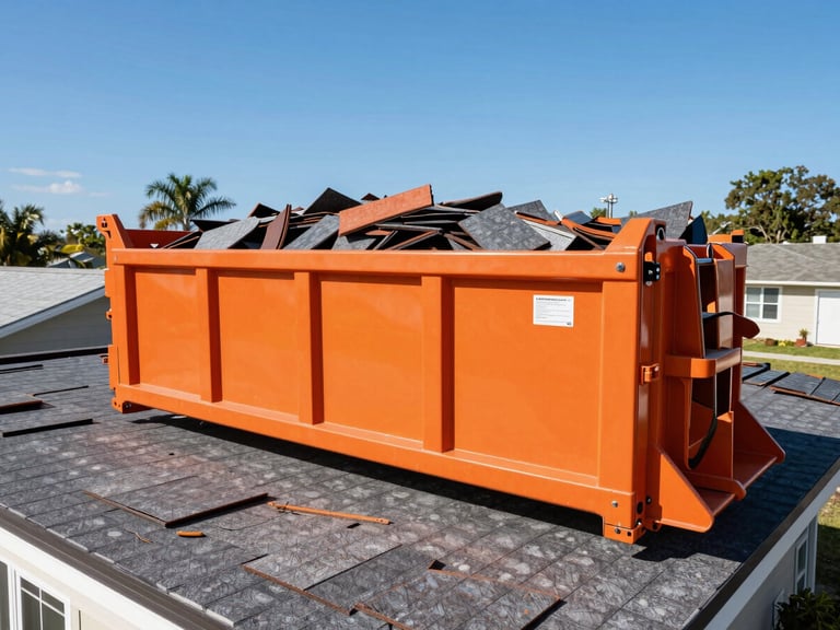 Orange roll-off dumpster placed neatly beside a residential roof replacement project, shingles being loaded, bright Florida sunlight, crisp shadows, wide-angle lens.