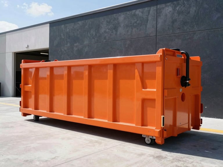Orange roll-off dumpster placed outside a commercial building undergoing renovation, clean and organized, bright Florida sunlight, crisp shadows, wide-angle lens.