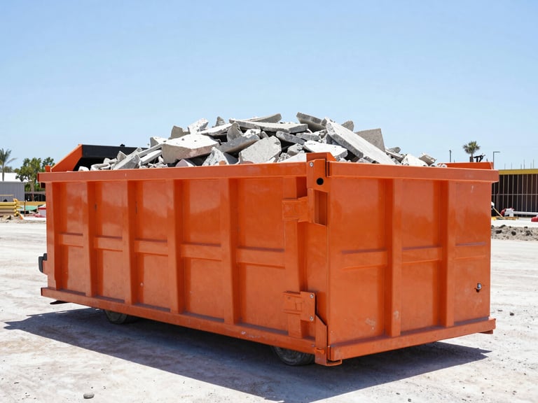 Clean, heavy-duty orange roll-off dumpster filled with concrete rubble on a commercial construction site, bright Florida sunlight, crisp shadows, wide-angle lens, low horizon.