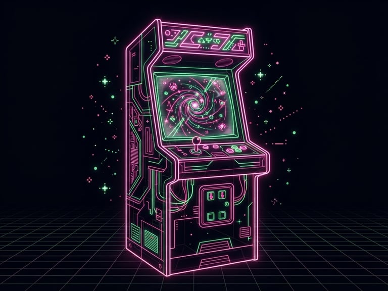 Vector line illustration of a glowing neon arcade cabinet in a dark void, pink and green wireframe lines, retro pixel art sparkles