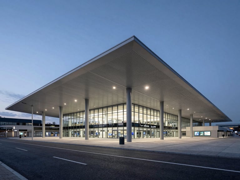 Crisp architectural photography of a modern European transit hub at blue hour, clean geometric lines, desaturated urban tones, wide-angle lens, sharp focus