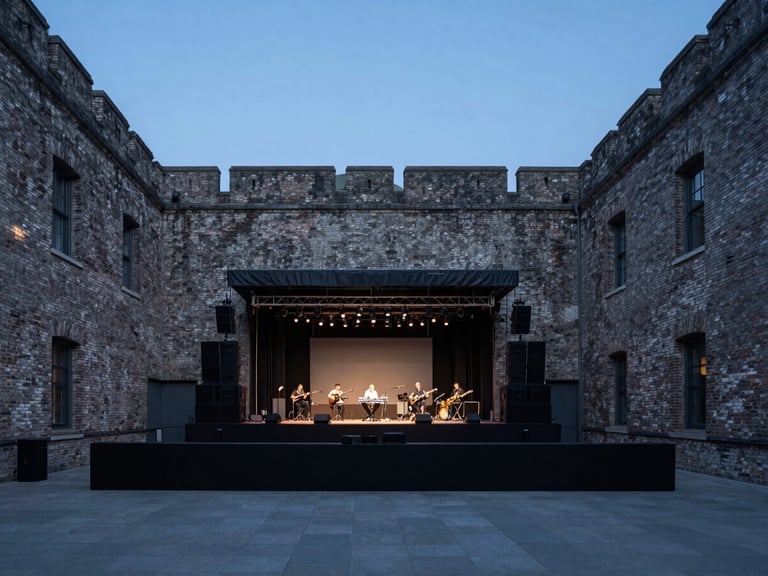 Crisp eye-level photo of an outdoor courtyard concert during blue hour, subtle stage lighting, historical brick walls, desaturated tones.