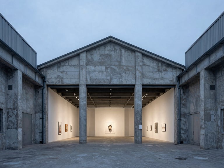 Straight-on architectural composition of an industrial warehouse interior converted into an art gallery, cool daylight, concrete textures, sharp focus.