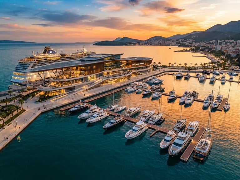 Wide-angle architectural render of a luxury cruise terminal and marina at sunset, sleek modern yachts docked, golden light reflecting on deep turquoise water, clean lines, high-end editorial style