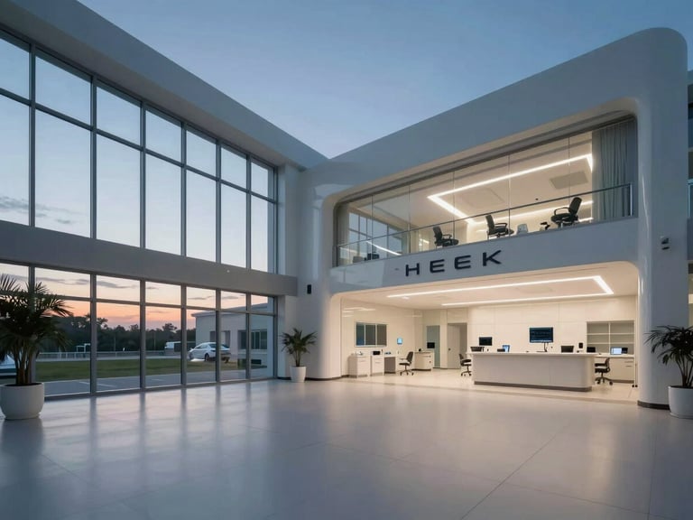Sleek, modern medical research facility interior, clean architectural lines, dramatic twilight lighting through expansive windows.