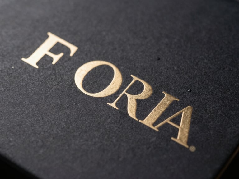 Close-up of premium embossed retail packaging with brushed champagne-gold foil lettering, dark charcoal background, dramatic side lighting.