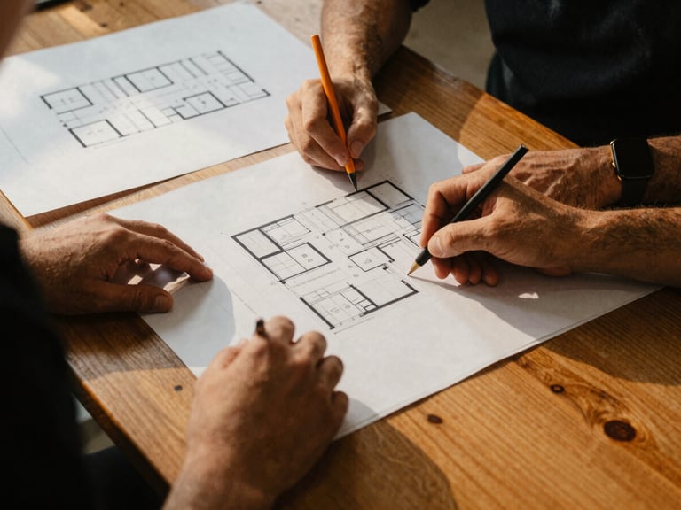 Two community leaders collaborating over architectural blueprints on a wooden table, warm golden hour daylight, close-up of hands and tools, deep organic tones