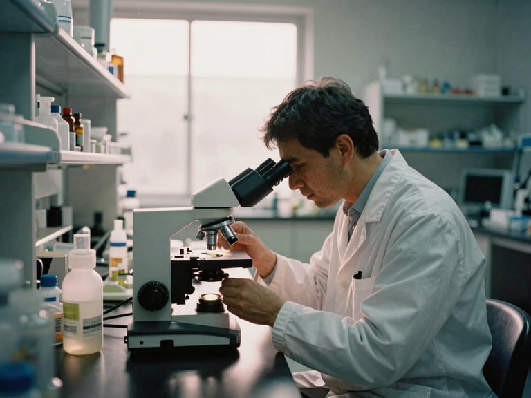 A scientist in a crisp morning daylight laboratory examining a specimen under a microscope, professional 35mm film style, wide environmental composition