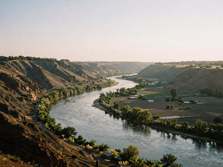 An expansive natural landscape showing a river valley under restoration at sunrise, wide environmental shot, soft morning daylight