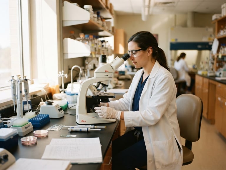 A researcher in a crisp, bright morning daylight laboratory adjusting a microscope, 35mm film style, warm editorial photography, deep organic tones